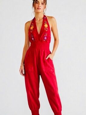 Artisanal Mexican Embroidered Smocked Halter Jumpsuit xL